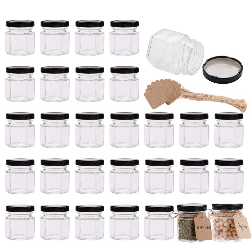 Encheng 1.5 oz Clear Hexagon Jars, Small Glass Jars With Black Lids, Mason Jars for Herbs, Foods, Jams, Liquid, Mini Spice Storage 30 Pack - Image 1